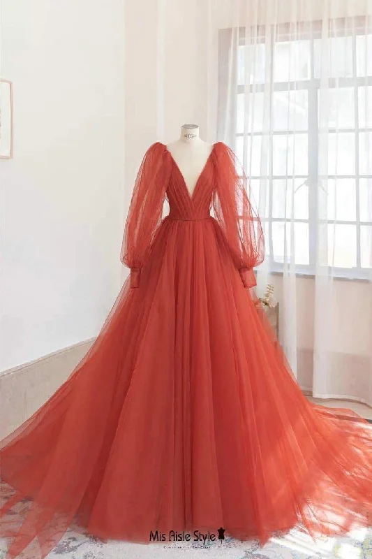 Bonus Savings flowy evening dressflowy evening dressLong Sleeve Orange Red Wedding Dress