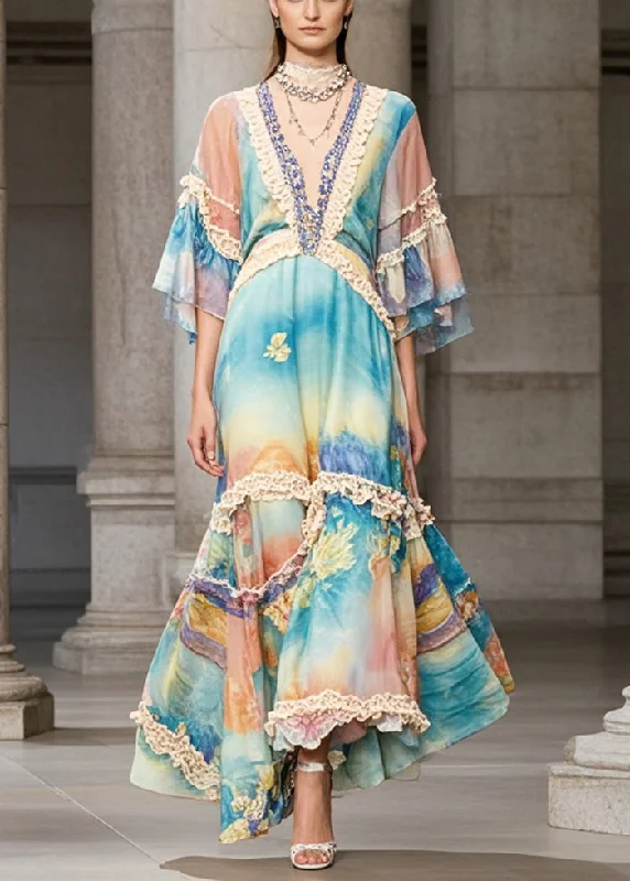 bodycon dressBeautiful Rainbow Ruffled Patchwork Chiffon Maxi Dress Summer