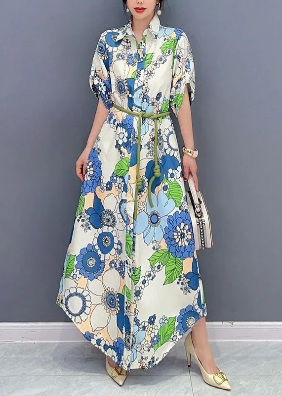 Massive Deals draped dressdraped dressArt Blue Peter Pan Collar Print Cotton Maxi Shirts Dresses Summer