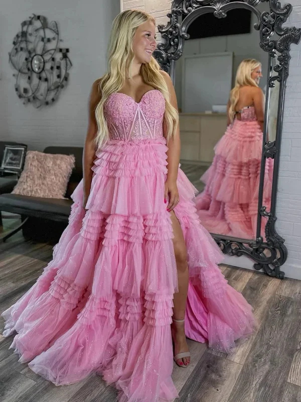 Best Bargains ruched dressruched dressStrapless Pink Lace Long Prom Dresses with High Slit, Layered Pink Formal Graduation Evening Dresses SP2902