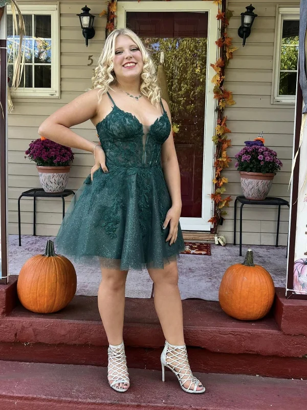 Exclusive Access party dressparty dressA Line V Neck Green Lace Short Prom Dresses, Green Lace Homecoming Dresses, Green Formal Graduation Evening Dresses SP3024