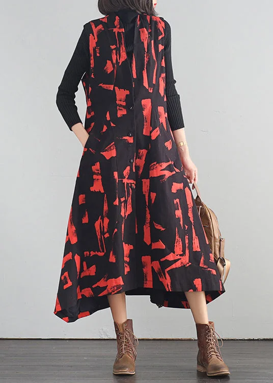 Final Sale chic slip dresschic slip dressRed Stand Collar Button Cotton Long Dresses Fall