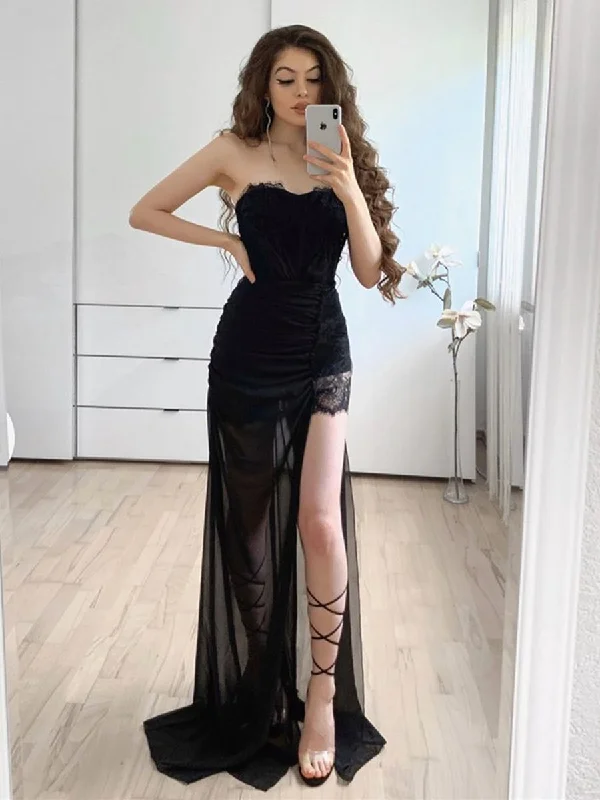 Big Savings summer dresssummer dressStrapless Long Black Lace Prom Dresses with High Slit, Black Lace Formal Graduation Evening Dresses