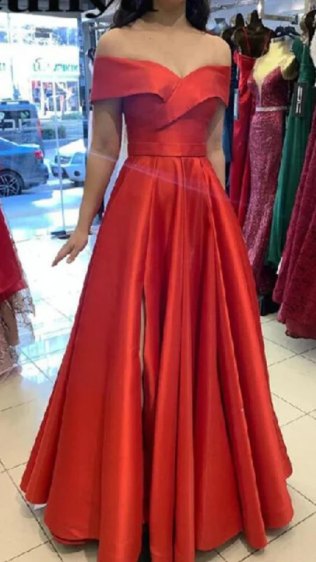 Major Savings chic dresschic dressOff Shoulder Sleeve Sexy Slit Red Prom Dress