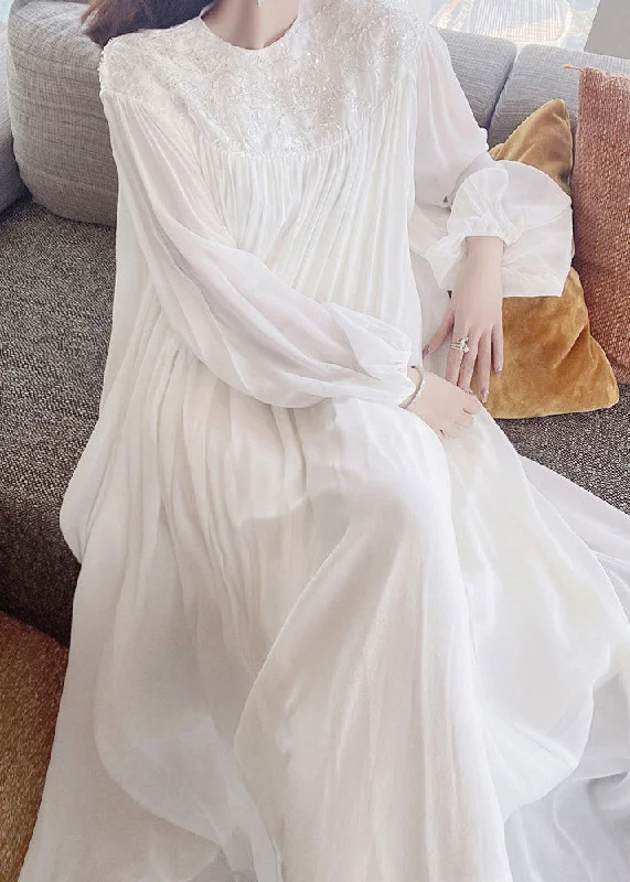 Reduced Prices flowy evening dressflowy evening dressFitted White O-Neck Embroideried Sequined Silk Maxi Dress Long Sleeve