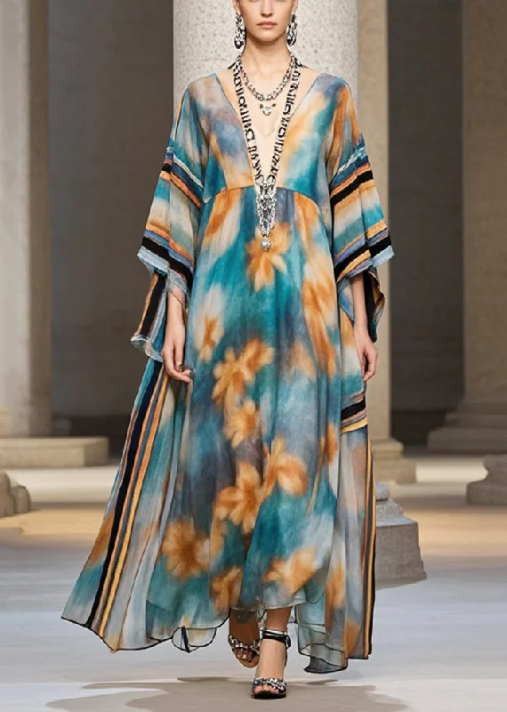 backless dressUnique Blue Oversized Print Chiffon Maxi Dresses Batwing Sleeve