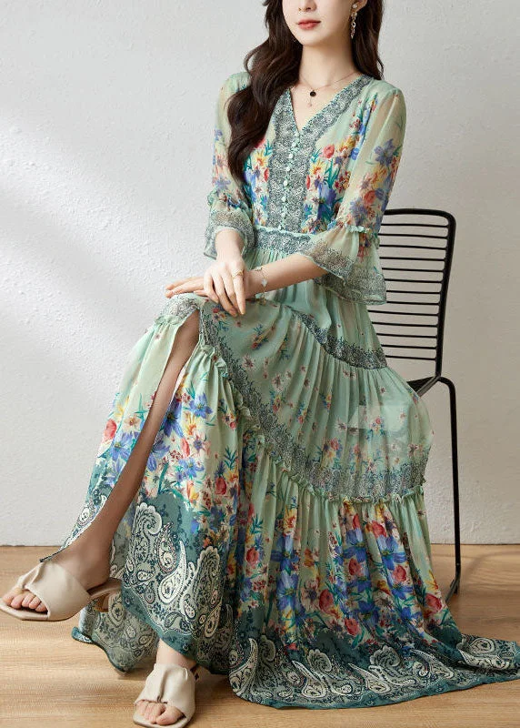 pleated maxi dressArt Light Green V Neck Ruffled Print Silk Long Dress Flare Sleeve