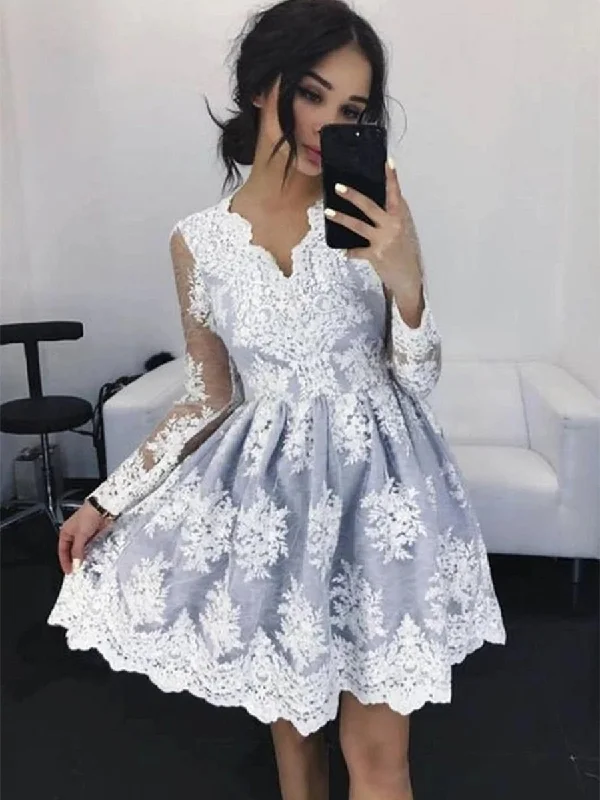 Super Deal relaxed fit dressrelaxed fit dressV Neck Long Sleeves Gray Lace Short Prom Homecoming Dresses, Gray Lace Formal Graduation Evening Dresses, Grey Cocktail Dresses