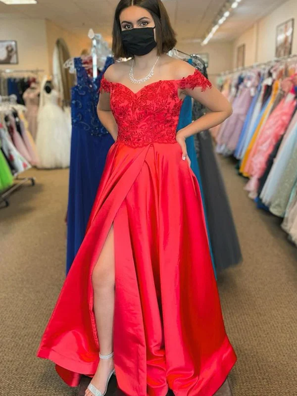 Bonus Savings casual slip dresscasual slip dressOff Shoulder Red Lace Long Prom Dresses with High Slit, Red Lace Formal Dresses, Red Evening Dresses SP2379