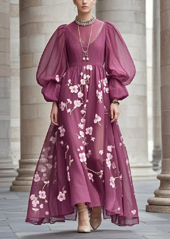 casual slip dressFrench Purple Print Exra Large Hem Chiffon Long Dress Fall