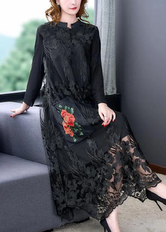 New Deals vintage dressvintage dressBohemian Black O-Neck Embroideried Tulle Long Dresses Spring