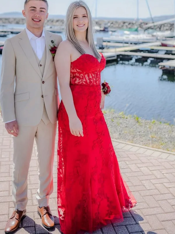 New Deals casual summer dresscasual summer dressStrapless Sweetheart Neck Red Lace Long Prom Dresses, Red Lace Formal Graduation Evening Dresses SP3108