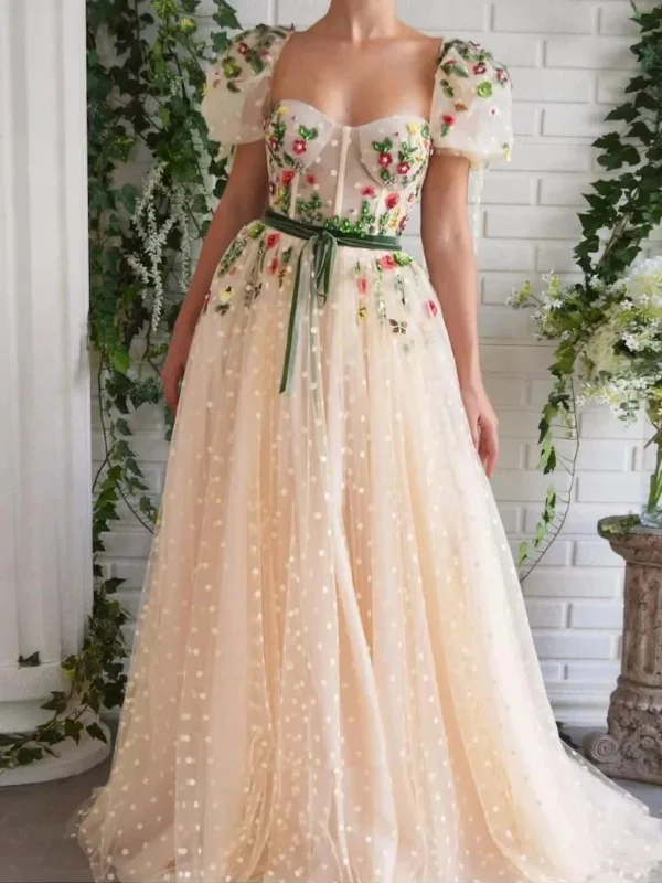 Inventory Reduction party-ready dressparty-ready dressCap Sleeves Floral Champagne Long Prom Dresses, Long Champagne Formal Graduation Evening Dresses With 3D Flowers SP2643