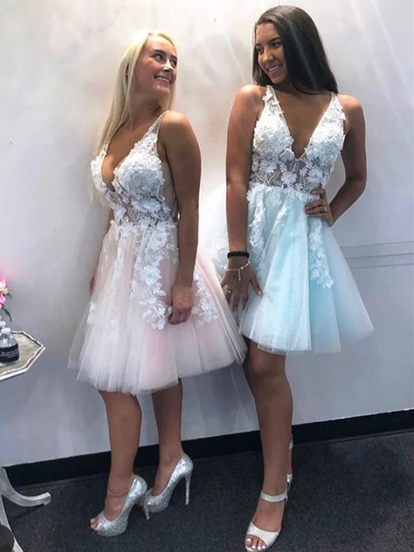 Act Fast stylish dressstylish dressV Neck Pink Blue Lace Floral Short Prom Dresses, Short Pink Blue Lace Formal Evening Homecoming Dresses