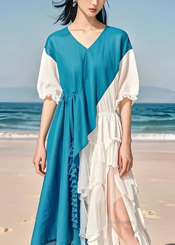 trendy dressFrench Colorblock Asymmetrical Ruffled Patchwork Chiffon Dresses Summer