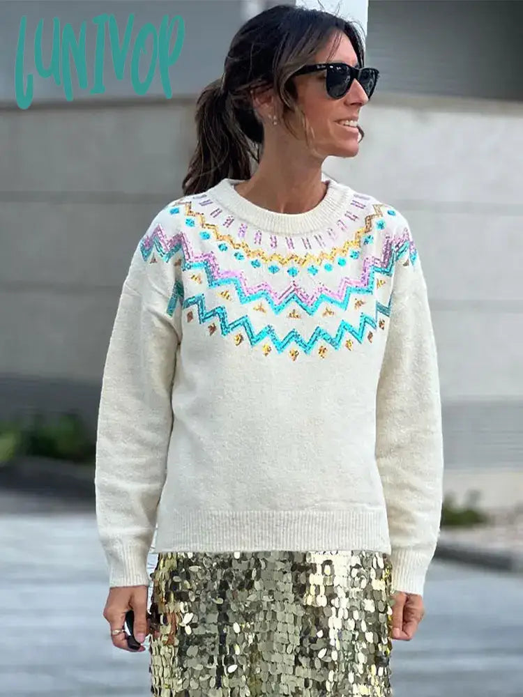 Online Only Lunivop Sequin Glitter Wave Stripe Knit Pullover For Women O-neck Long Sleeve Loose Warm Party Knitte Jumper 2024 Lady Clubnight Sweater