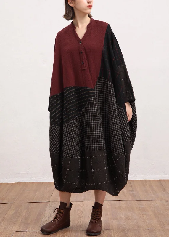 elegant maxi dressElegant Red V Neck Plaid Patchwork Linen Dress Batwing Sleeve