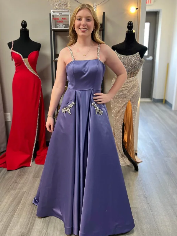 The Best Prices textured dresstextured dressA Line Open Back Purple Satin Long Prom Dresses with Pocket, Beaded Purple Formal Graduation Evening Dresses SP3079