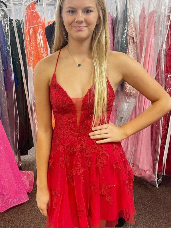 Markdown Madness structured dressstructured dressV Neck Backless Red Lace Prom Dresses, Red Lace Homecoming Dresses, Short Red Formal Evening Dresses SP2488