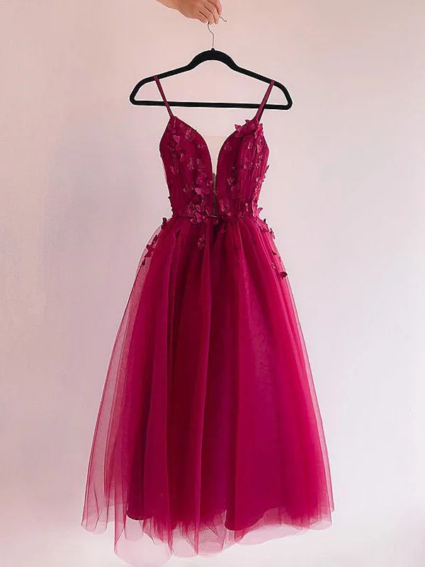 Limited Stock wrap-around dresswrap-around dressA Line V Neck Burgundy Prom Dresses with Lace Appliques, Burgundy Lace Homecoming Dresses, Short Burgundy Formal Evening Dresses SP2441