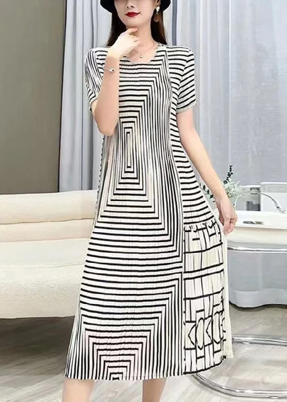 sleek midi dressWomen White O Neck Striped Wrinkled Silk Dresses Summer