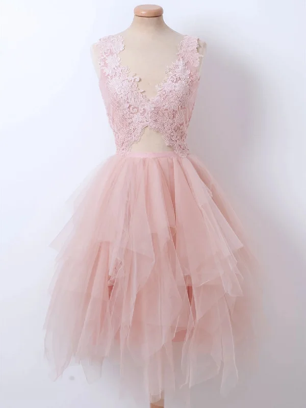 Major Savings evening dressevening dressFluffy V Neck Short Pink Lace Prom Dresses, Pink Lace Formal Graduation Homecoming Dresses