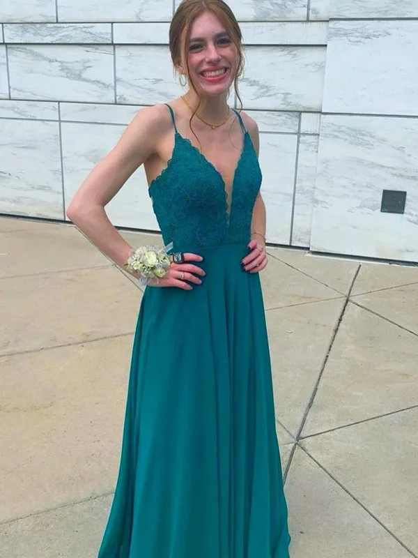 Discount Days elegant evening dresselegant evening dressA Line V Neck Green Lace Chiffon Long Prom Dresses, Open Back Green Formal Graduation Evening Dresses, Green Lace Bridesmaid Dresses SP2383