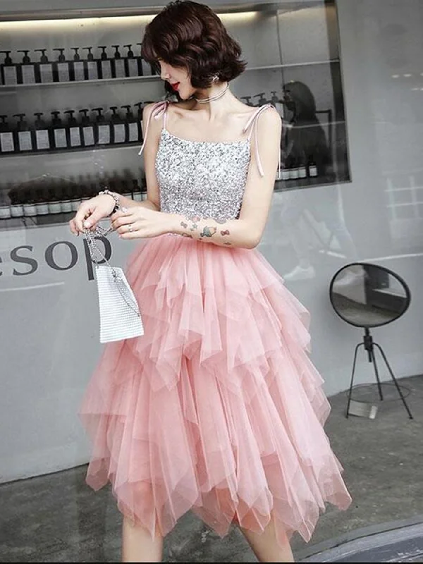 Final Clearance denim dressdenim dressPretty Sequins Pink Tulle Short Prom Dresses, Layered Pink Tulle Homecoming Dresses, Pink Formal Evening Dresses SP2234