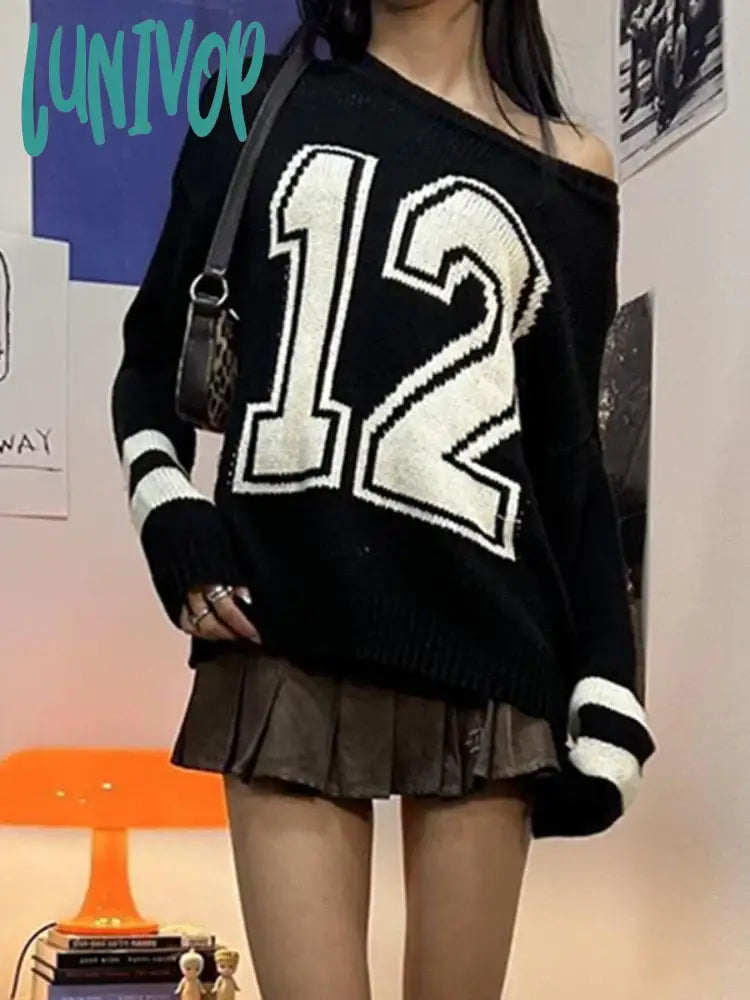 Sale Event Lunivop Vintage Contrast Color Digital Sweater Sporty Chic Loose Slash Neck Knitted Pullovers Y2K Jerseys Fall Winter Knitwear