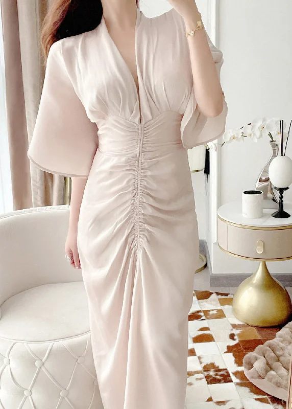 While Supplies Last cocktail dresscocktail dressOrganic Apricot V Neck Wrinkled Zippered Silk Long Dress Batwing Sleeve