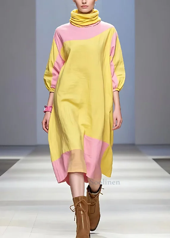 satin dressPlus Size Yellow Turtleneck Patchwork Cotton Dress Half Sleeve