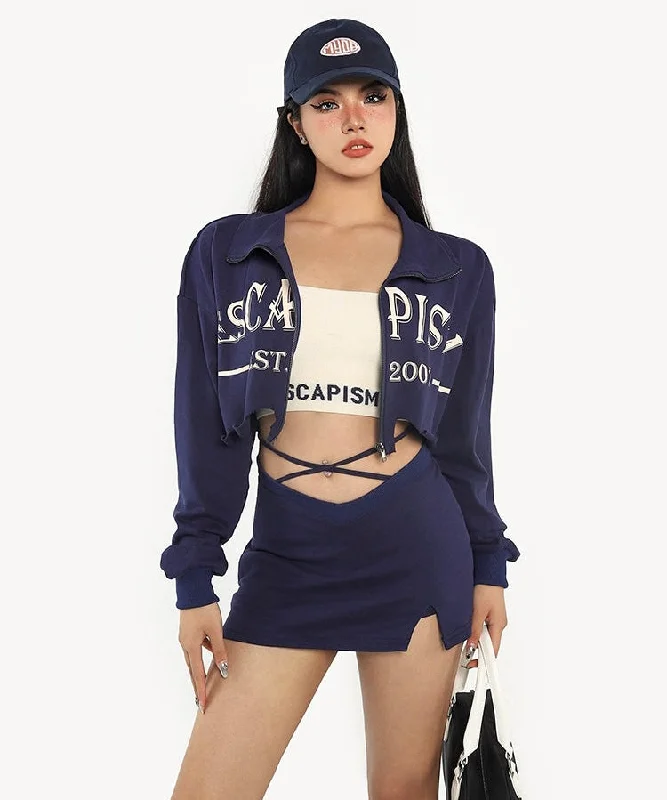Act Now ESCAPISM Solid Color Cropped Sweatshirt Waist Strap V Waist Mini Skirt Matching Set