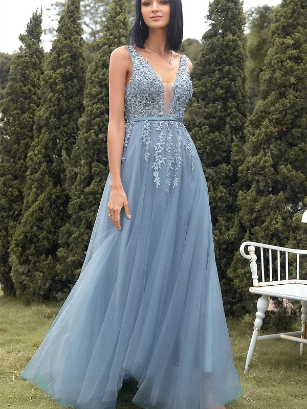 Year-End Clearance satin midi dresssatin midi dressA Line V Neck Blue Lace Tulle Long Prom Dresses, Blue Lace Formal Dresses, Blue Evening Dresses SP2438