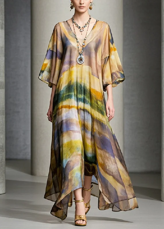 pleated dressPlus Size Brown Oversized Print Chiffon Maxi Dress Summer