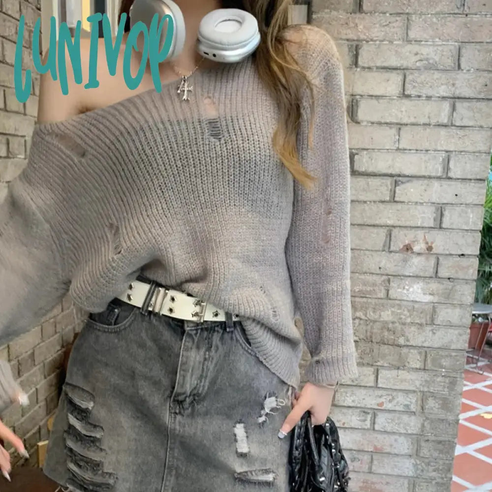 While Supplies Last Lunivop Y2K Women Fluffy Off-shoulder Sweater Solid Color Loose Ripped Long Sleeve Knitwear Summer Fall Streetwear Pullover Cover Ups