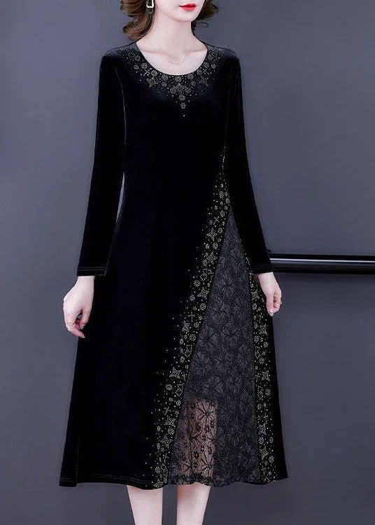 Now or Never structured dressstructured dressStyle Black O-Neck Lace Patchwork Hollow Out Silk Velour Dress Spring