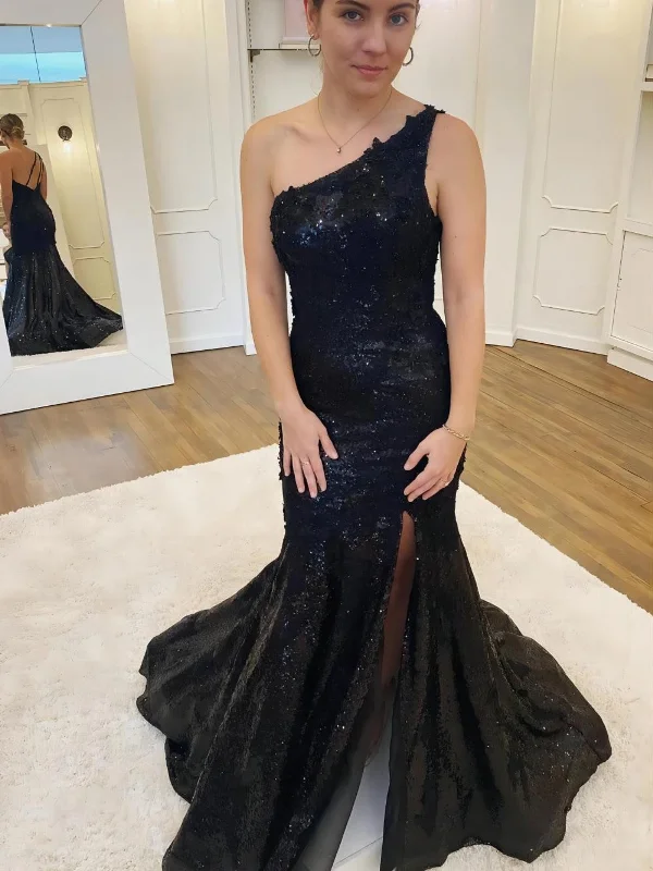 Today's Special minimalistic dressminimalistic dressOpen Back One Shoulder Mermaid Black Sequins Long Prom Dresses with High Slit, Mermaid Black Formal Dresses, Black Evening Dresses SP2845