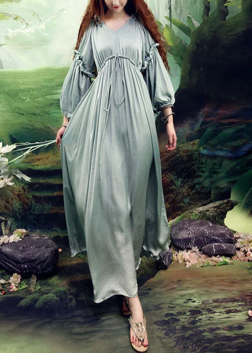 Early Access casual midi dresscasual midi dressFrench Light Green V Neck Wrinkled Cinched Silk Long Dresses Spring