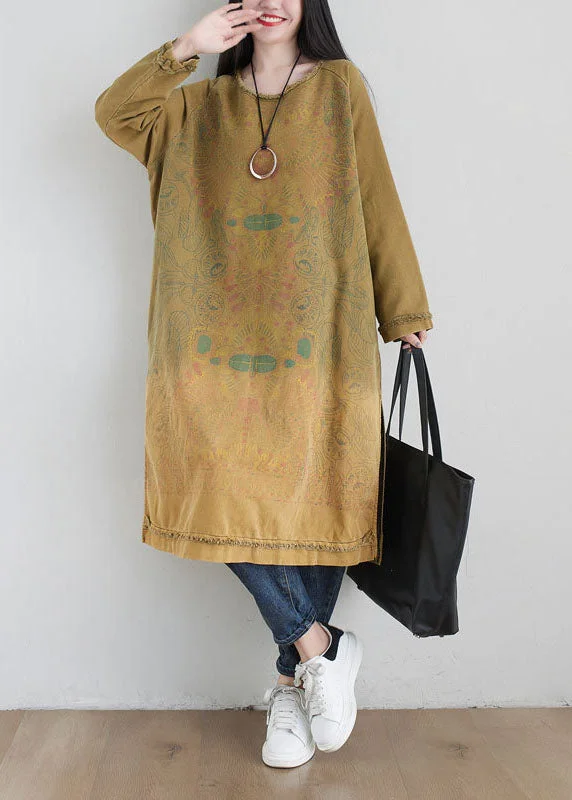 Crazy Deals textured dresstextured dressBoho Yellow O Neck Print Side Open Cotton Mid Dress Spring