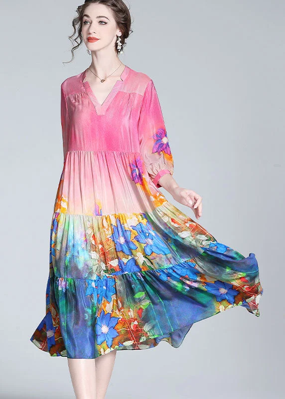 Clearance Event denim dressdenim dressElegant Colorblock V Neck Print Wrinkled Silk Dresses Bracelet Sleeve