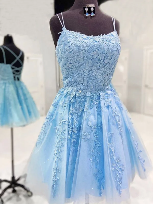 Final Clearance formal dressformal dressBackless Short Light Blue Lace Prom Dresses, Light Blue Lace Formal Graduation Dresses, Lace Homecoming Dresses