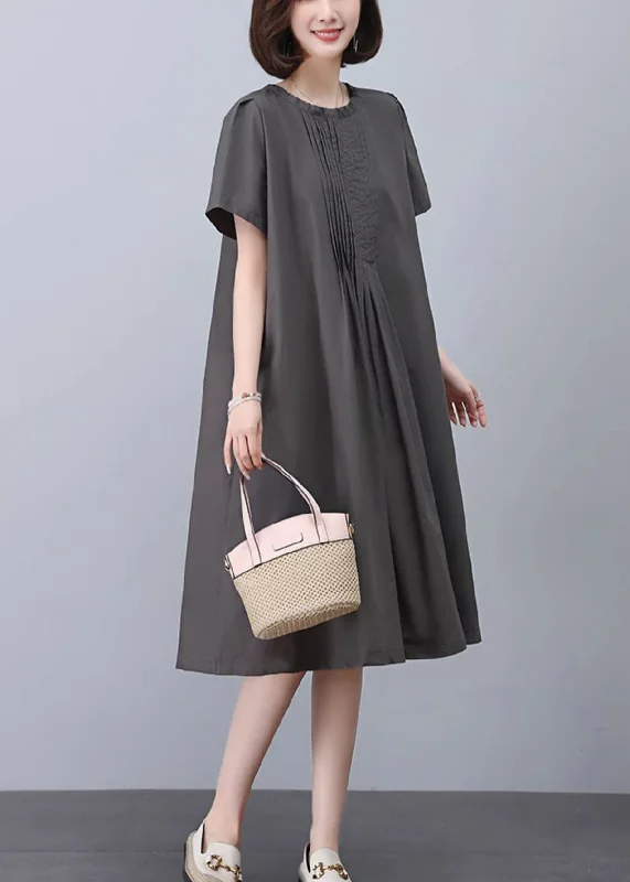 mini dressWomen Grey O-Neck Solid Cotton Dresses Summer