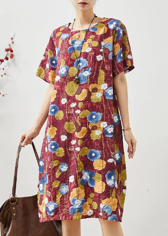 summer floral dressCasual Red Oversized Morning Glory Print Cotton Dresses Summer