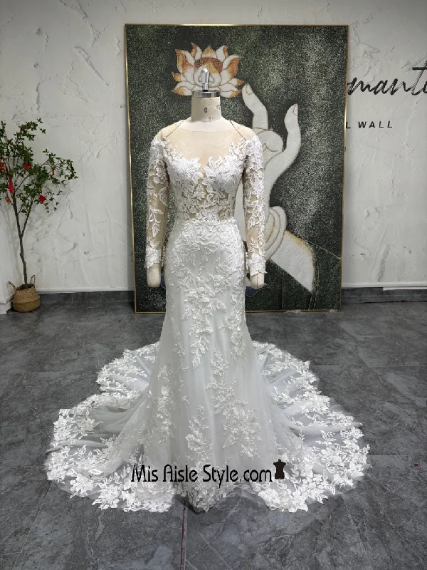 floral dressFitted Long Sleeve Sheer Lace Wedding Dress