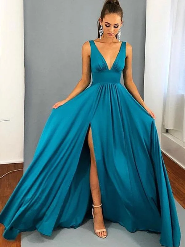 Exclusive Preview ashionable dressashionable dressA Line V Neck Blue Long Prom Dresses with Leg Slit, V Neck Blue Graduation Dresses, Blue Bridesmaid Dresses