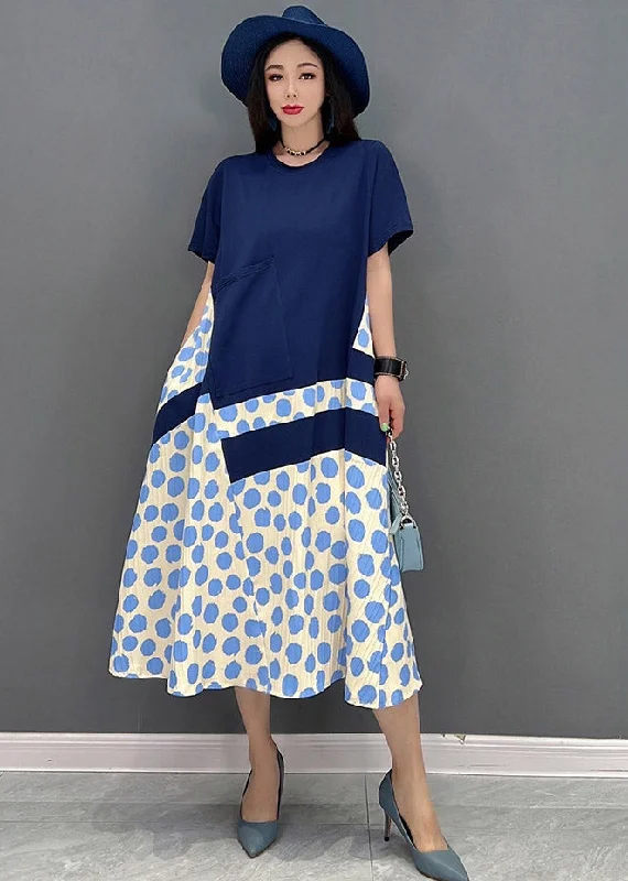 satin dressNatural Blue O-Neck Patchwork Long Dress Short Sleeve