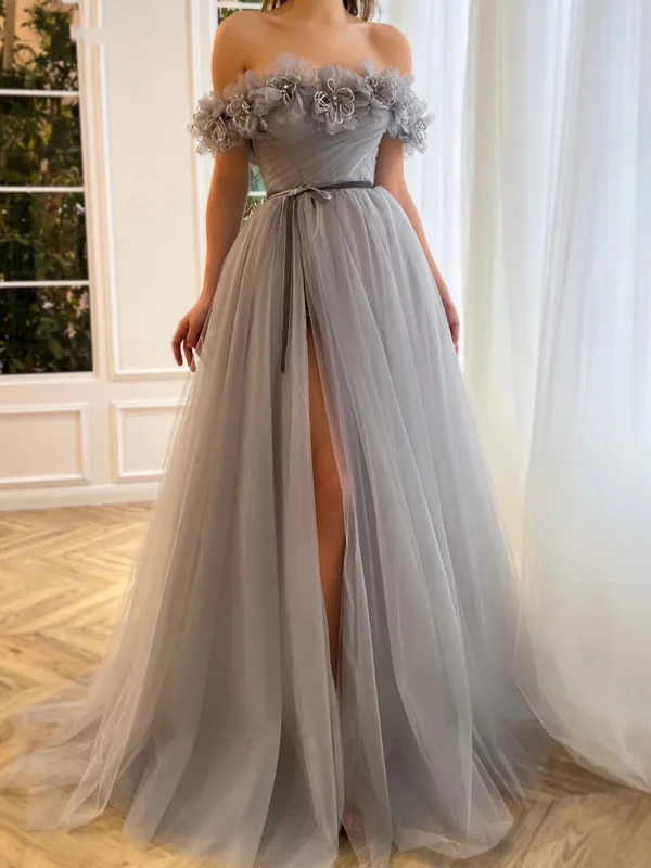 Savings Event party dressparty dressOff Shoulder Gray Tulle Floral Long Prom Dresses with High Slit, Grey Tulle Formal Dresses, Off the Shoulder Gray Evening Dresses SP2579
