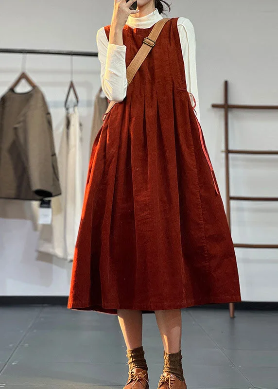 Weekend Special wrap dresswrap dressStylish Red O-Neck Exra Large Hem Corduroy Pleated Dresses Sleeveless