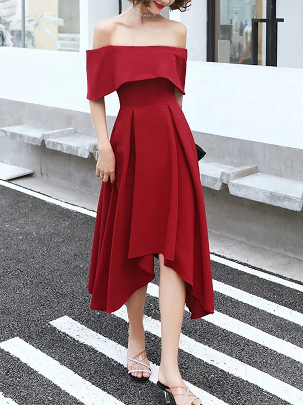 Extra Discounts elegant dresselegant dressOff Shoulder High Low Burgundy Tea Length Prom Dresses, Off Shoulder Burgundy Formal Graduation Evening Dresses, Burgundy Homecoming Dresses SP2395