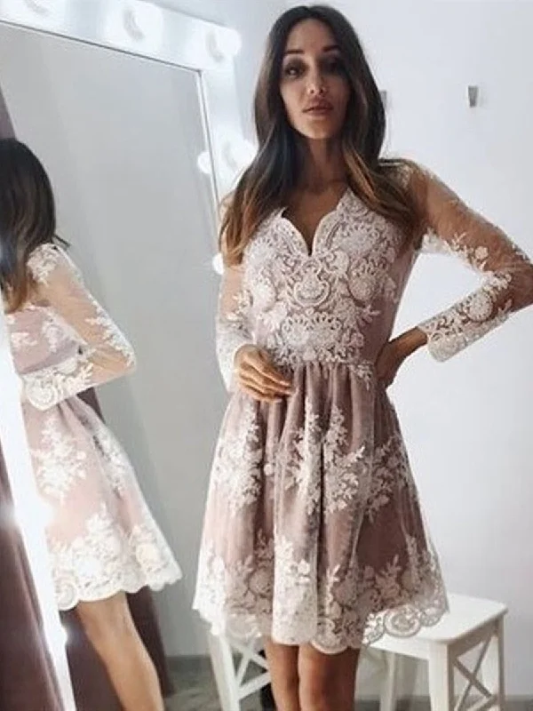 YEAR-End Clearance casual day dresscasual day dressV Neck Long Sleeves Champagne Lace Short Prom Dresses Homecoming Dresses, Chamagne Lace Formal Graduation Evening Dresses